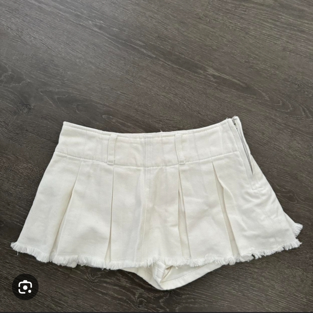 Micro Mini Skirt White Pleated Skort with Frayed Hem